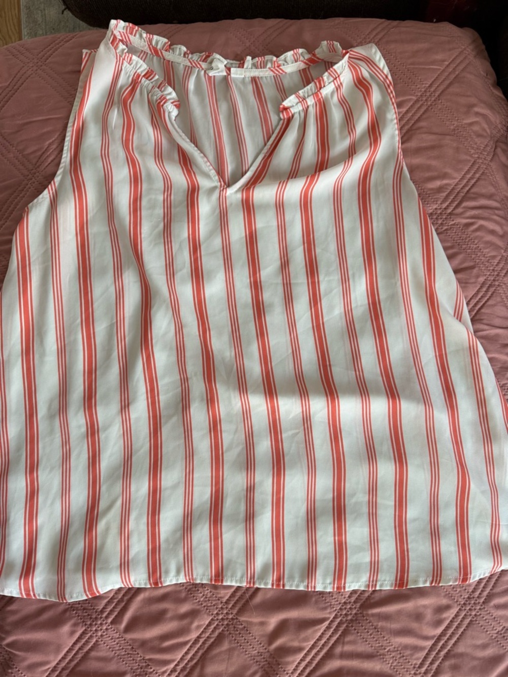 GAP White & Coral Striped Ruffle Trim Tank